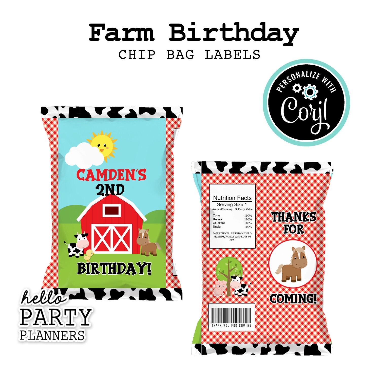 EDITABLE Farm Birthday Chip Bag Labels, Personalized Chip Bag Label Template, Instant Download