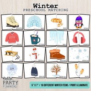 Peut inclure: Un ensemble de 16 cartes de correspondance sur le thème de l'hiver à imprimer pour les enfants d'âge préscolaire. Les cartes présentent des illustrations d'objets d'hiver tels que des bottes de neige, des mitaines, un bonhomme de neige, une luge et un igloo. Les cartes mesurent 12,7 cm sur 17,8 cm et sont conçues pour être imprimées et plastifiées.