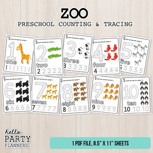 May include: A set of ten printable worksheets featuring zoo animals and numbers 1 through 10. Each worksheet includes a number, the number word, and a dotted line for tracing. The worksheets are designed for preschoolers to practice counting and tracing numbers.