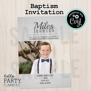 May include: A baptism invitation with a photo of a young boy in a white shirt and a blue bow tie. The invitation is for Miles Johnson and includes the date, time, and location of the baptism. The text "PERSONALIZE WITH Coril" is in a circle with gears in the upper right corner.