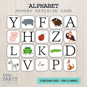 Alphabet Memory Matching Game Preschool Activity Printable ABC Animals Matching Homeschool Kindergarten Activity for Kids Toddler Activities