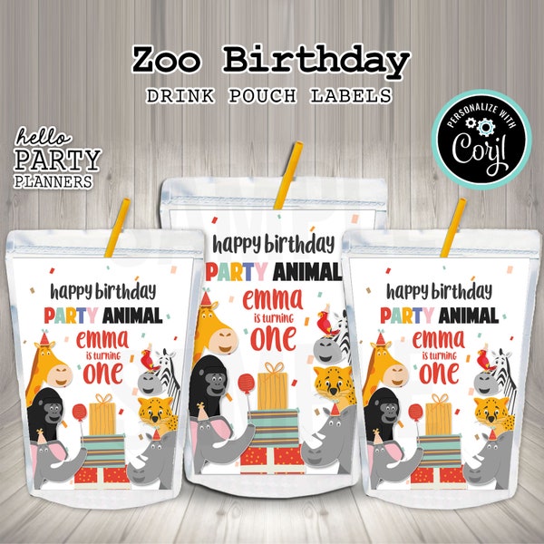 EDITABLE Zoo Birthday Fruit Juice Pouch Label, Party Animal, Personalized Treat Label Template, Instant Download, Printable, Party Labels