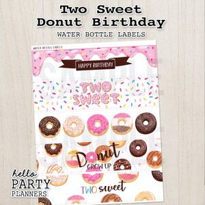Donut Birthday Water Bottle Labels, Two Sweet, Water Bottle Template, Instant Download, Printable