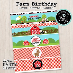 EDITABLE Farm Birthday Water Bottle Labels, Personalized Water Bottle Template, Instant Download, Printable