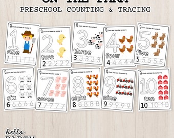 Farm Animal Counting Preschool Activities Printable Farm Number Tracing Homeschool Kindergarten Activity for Kids Toddler Activities