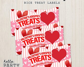 Puede incluir: Tres bolsas de golosinas a rayas rosa y blancas con corazones rojos y el texto "Valentine's Krispies Treats" con diferentes variaciones de "Crispy Marshmallow Squares" en cada bolsa.