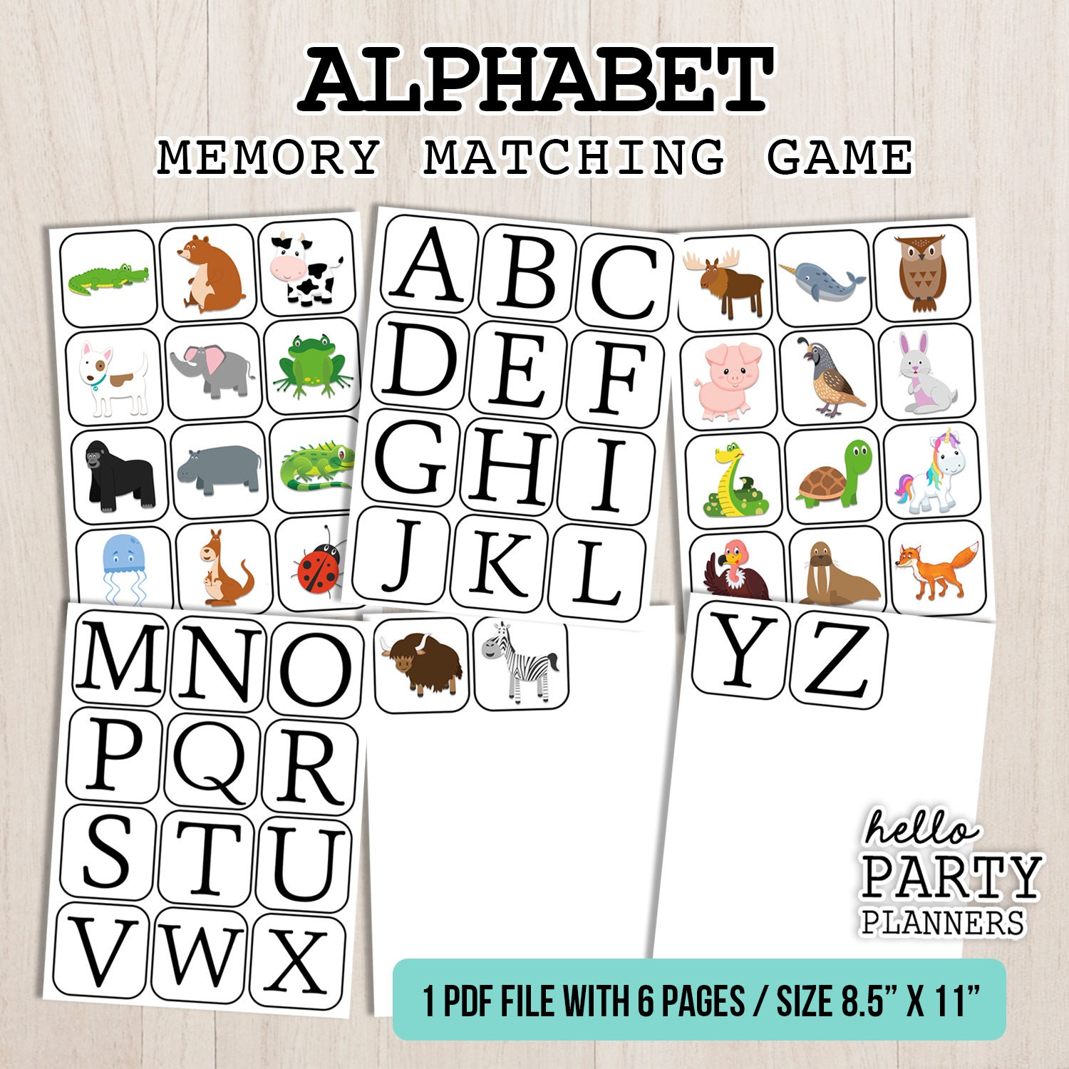 Alphabet Memory Matching Game Preschool Activity Printable ABC Animals