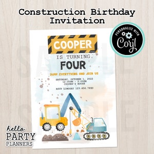 EDITABLE Construction Birthday Party Invitation, Construction Invite, Construction Trucks, Digital Template in Corjl Instant Download