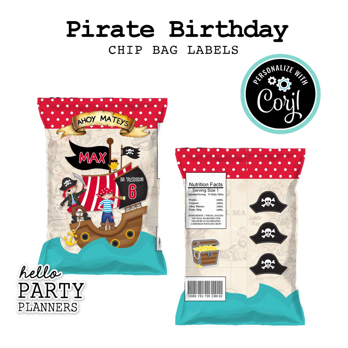 EDITABLE Pirate Birthday Chip Bag Labels, Personalized Chip Bag Label Template, Pirate Party ...