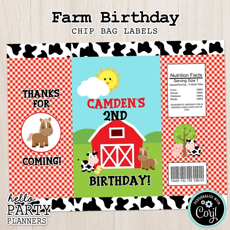 EDITABLE Farm Birthday Chip Bag Labels, Personalized Chip Bag Label Template, Instant Download