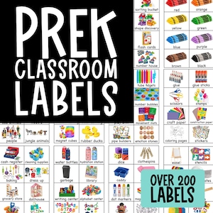 May include: A set of pre-school classroom labels, with over 200 labels. The labels cover various categories such as colours, shapes, and classroom materials, with colourful illustrations and text.