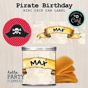 Etiqueta de lata de mini chip de cumpleaños pirata EDITABLE, plantilla de etiqueta de regalo personalizada, descarga instantánea, pirata imprimible