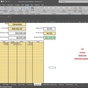 Peut inclure: Une feuille de calcul avec un fond jaune et une ligne d'en-tête bleu clair. La feuille de calcul est intitulée "Inventory & Recipe Cost Workbook". La feuille de calcul contient des données pour décembre, y compris les ventes prévues, le pouvoir d'achat, les achats totaux, le coût du budget, le coût prévu et le solde restant. La feuille de calcul comprend également un tableau avec des colonnes pour la date, la facture, le fournisseur, le coût et les notes.