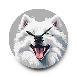 Cheerful Samoyed Acrylic Wall Clock, Home Decor, Gift for Dog Lovers, Unique Wall Art, Pet-Themed Clock, Fun Animal Decor