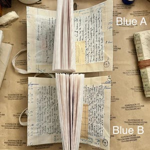 May include: Two stacks of blank, cream-colored paper journals with handwritten text on the pages. The journals are labeled "Blue A" and "Blue B" on brown paper.