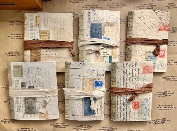 Handmade Vintage Onion Skin Journals w/ Paper Bag Collage Covers and Wrap Closures