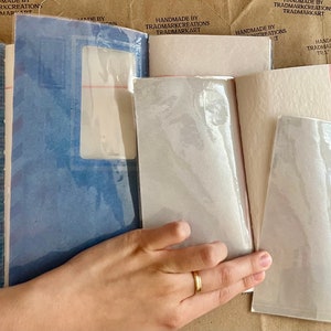 May include: A close-up of a hand holding a stack of handmade paper notebooks. The notebooks are covered in a clear plastic sheet and have a textured paper cover. The notebooks are labeled "Handmade by Trademark Creations Trademarkart".