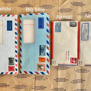Cahiers/journaux de couverture d'enveloppe de poste aérienne plastifiée vintage faite main - avec papier pelure d'oignon rouge