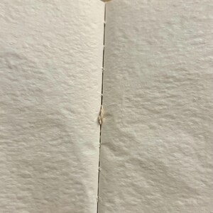 May include: A close-up of a white book with a visible seam down the center. The seam is slightly open, revealing a small piece of white paper.