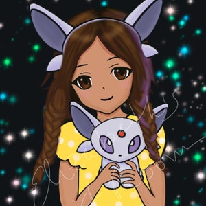 May include: A young girl with brown hair and a yellow polka dot dress is holding a purple and white Eevee plush toy. The background is a dark blue with white and green stars.
