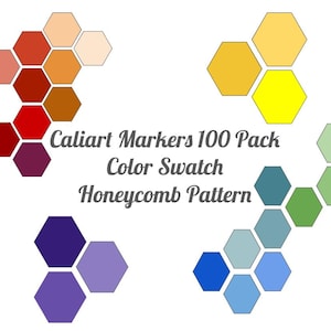 Op de afbeelding: Een kleurenpalet van Caliart Markers 100 Pack, met een honingraatpatroon. De afbeelding toont verschillende kleurencombinaties, waaronder rood, oranje, geel, groen, blauw en paars. De tekst luidt "Caliart Markers 100 Pack Color Swatch Honeycomb Pattern."