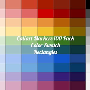 May include: Color swatch of 100 Caliart markers in a grid of rectangles. The colors range from light pink to dark purple, with shades of red, orange, yellow, green, blue, and gray.