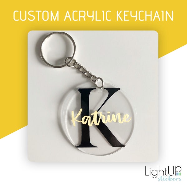 CUSTOM acrylic keychain - Big black letter background - Round 2"x2" keychain - Gold or silver custom name - Custom keychain gift