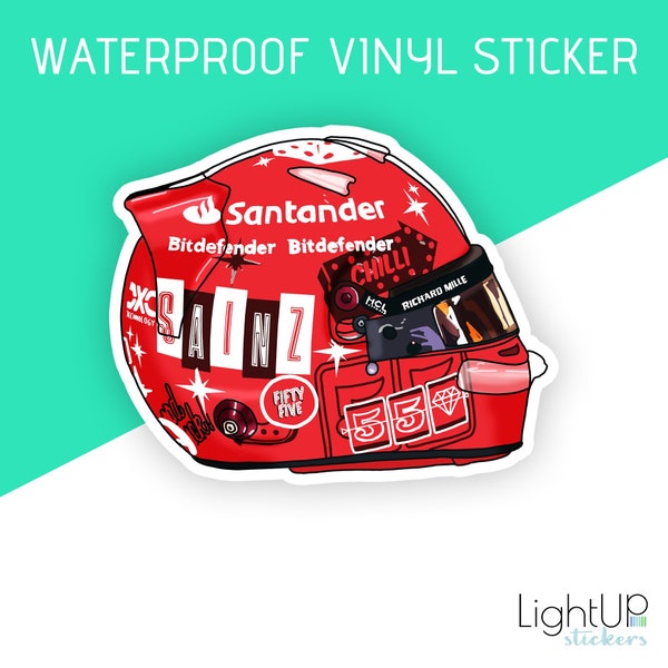 Waterproof vinyl sticker - Fan art formula one sticker - Carlos Sainz Ferrari number 55 Las Vegas 2023 Grand Prix helmet - F1 sticker