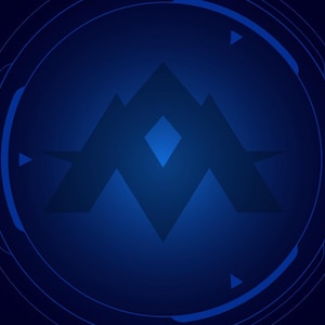 May include: A dark blue graphic design featuring a stylized mountain range with a diamond shape in the centre. The design is set within a series of concentric circles and triangles, all against a gradient blue background.