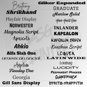May include: A collection of various font styles in black, displayed against a light gray background. The fonts include script, serif, and sans-serif options, with names like "Brittany," "Gliker Expanded," and "Georgia."