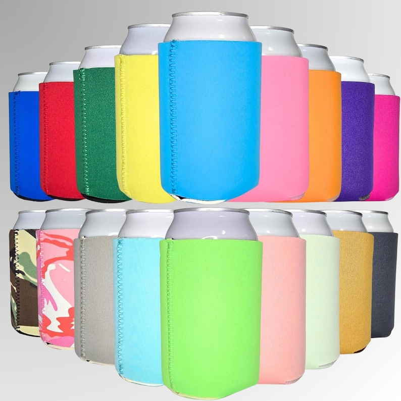 May include: A collection of colorful can coolers in various shades, including blue, red, green, yellow, pink, orange, purple, and camouflage patterns. The coolers are designed to fit around standard beverage cans.