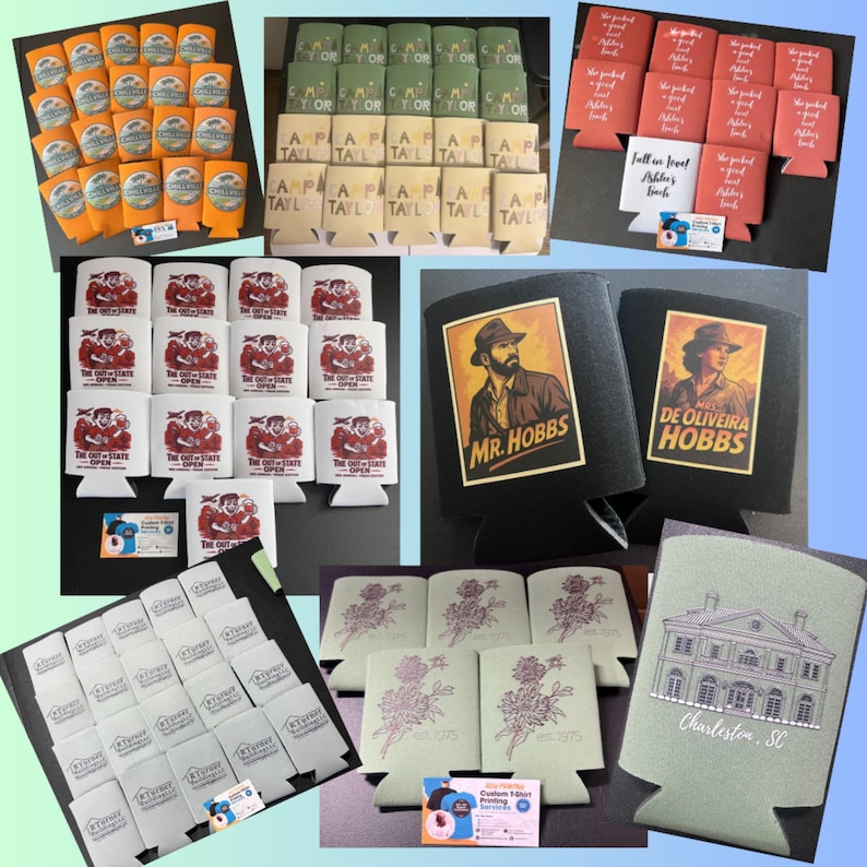 May include: A collection of various beverage can coolers. Designs include "The Out-State Open" with a sports graphic, "Mr. Hobbs" with a vintage portrait, and "Charleston, SC" with a building illustration. Other coolers feature floral and logo designs.