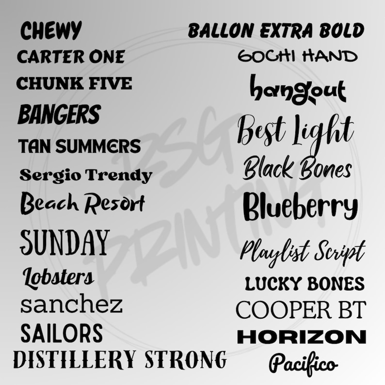 May include: A collection of various font styles and names, including "CHEWY", "BANGERS", "Blueberry", and "HORIZON", displayed in black against a light gray background. The fonts vary in style, from bold to script.