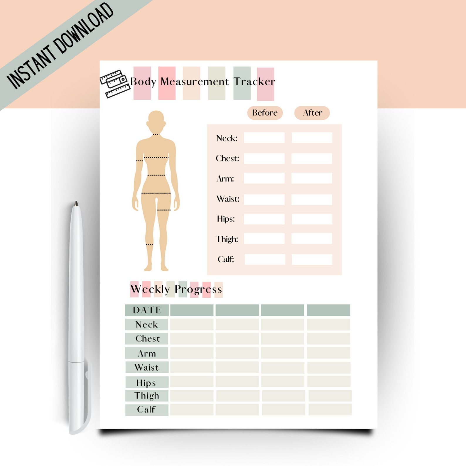 Body Measurement Tracker | Printable Body Measurement Chart | Weight ...