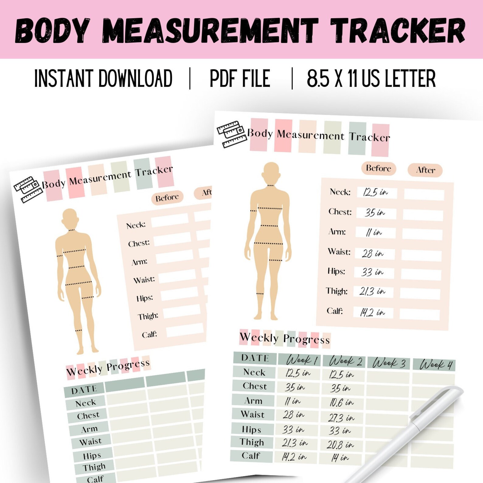 Body Measurement Tracker | Printable Body Measurement Chart | Weight ...