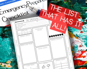 May include: A printable emergency checklist with sections for personal information, medical history, medication tracking, and doctor's notes. The checklist is titled "The Emergency Checklist That Has It All!" and is designed to help people prepare for unexpected medical situations.