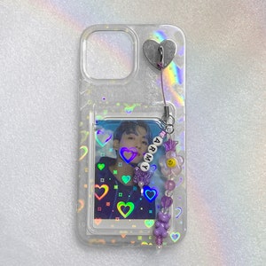 Holographic Heart Phone Case with Card Slot Custom Phone Charm Keychain Bumper Transparent Love iPhone Cover