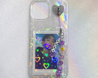 Holographic Heart Phone Case with Card Slot Custom Phone Charm Keychain Bumper Transparent Love iPhone Cover