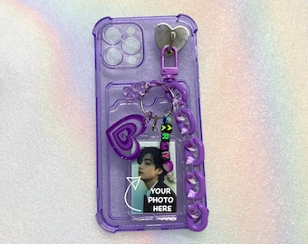 Personalized Kpop Card Slot Phone Case with Custom Photo Beaded Keychain Charm iPhone 16 Pro Max and Samsung Galaxy Note S25 Music Fan Gift