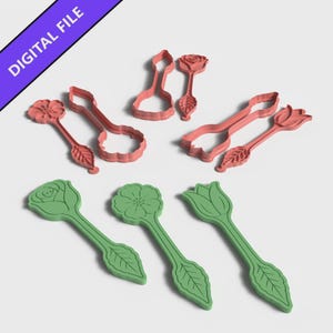 May include: A collection of floral-themed cookie cutters and stamps in pink and green. The set includes various flower shapes with stems and leaves, featuring both outline cutters and detailed impression stamps. The image includes the text DIGITAL FILE.