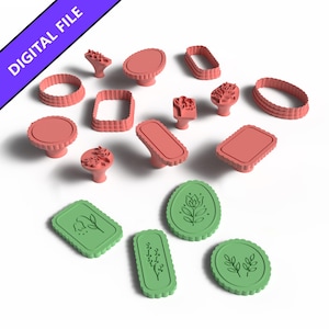 May include: A collection of pink and green cookie cutters and stamps featuring various geometric shapes and floral designs. The set includes scalloped edges, oval, rectangular, and circular forms, with some pieces showing embossed botanical patterns. Text reads DIGITAL FILE.