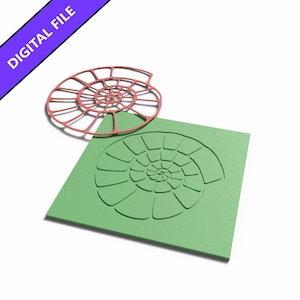 May include: A digital file featuring a red spiral ammonite shell outline and a green square tile with an embossed ammonite shell pattern. The image includes a purple diagonal banner in the top left corner with the white text DIGITAL FILE.