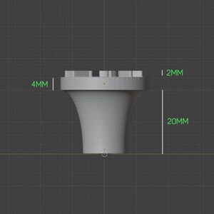 Pode incluir: Objeto decorativo cinza renderizado em 3D com um topo em forma de castelo, um corpo alargado e uma base. O objeto tem 20 mm de altura, 4 mm de largura e o topo tem 2 mm de espessura. O fundo &eacute; uma grade.
