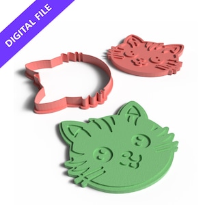 Juego de cortadores de galletas y sellos con forma de cara de gato: archivo STL imprimible en 3D