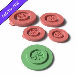 May include: A digital file containing five circular objects. Four are salmon-coloured with small tabs and a central star-like cutout. One is a larger, solid green circular disc featuring a central eight-petaled flower-shaped indentation.
