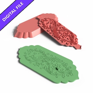May include: Two rectangular silicone molds with scalloped edges, one in salmon pink and one in sage green. Each mold features an embossed design of a peacock surrounded by intricate floral vines and leaves. A purple banner reads DIGITAL FILE.