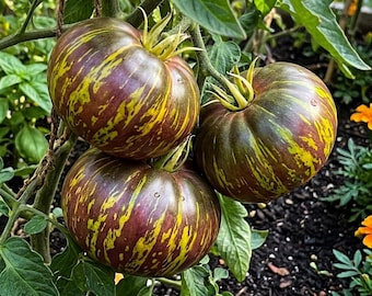 May include: Three heirloom tomatoes on the vine. The tomatoes are a mix of dark red, green, and yellow stripes. The tomatoes are surrounded by green leaves and stems. The tomatoes are a unique and colorful addition to any garden.