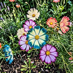 May include: A vibrant close-up of cosmos flowers in full bloom. The flowers display a range of colors, including white, pink, purple, and blue, with yellow centers. The petals have a delicate, layered appearance, set against a backdrop of green foliage.