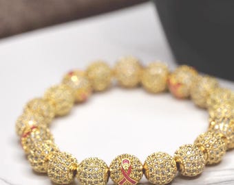Breast Cancer Awareness | Pink Ribbon Support Gift | Cubic Zirconia Bracelet