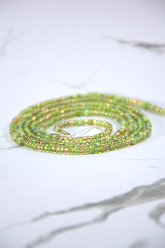 Golden Glow Waist Beads – Lime Green & Gold Radiance| Traditional Tie On Waistbeads| Removable Waistbeads with Clasp| Plus Size Waistbeads